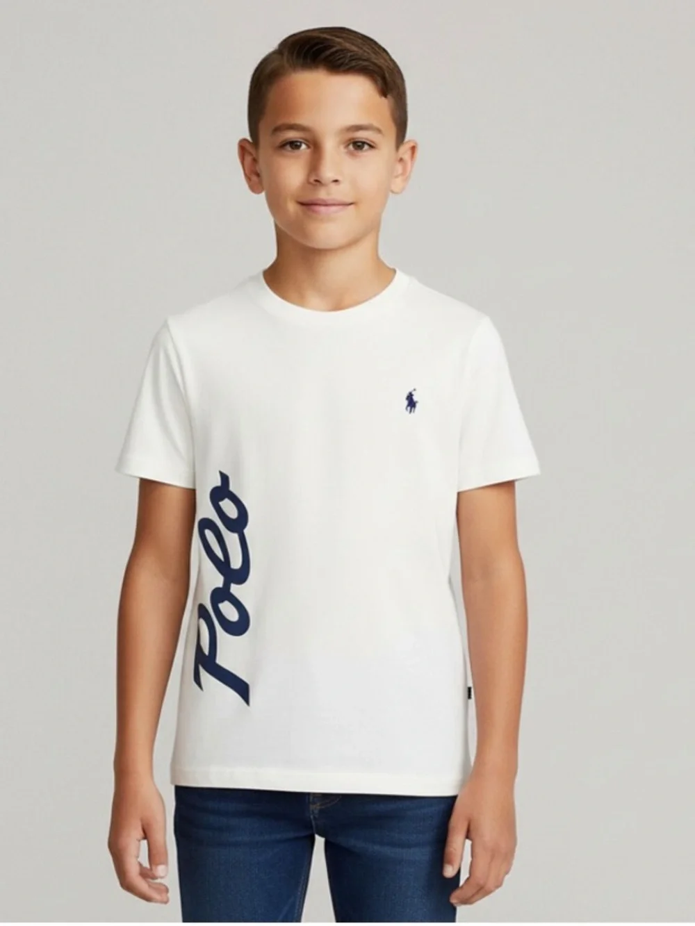 Ralph Lauren White Short-Sleeve Tee with Navy 'Polo' Script